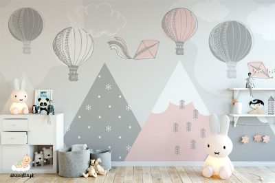 kolorowe balony unoszą się nad górami – fototapeta dla dzieci