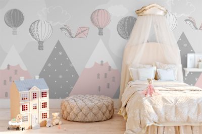 kolorowe balony unoszą się nad górami – fototapeta dla dzieci